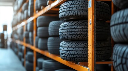 A stack of new tires on yellow shelves in a warehouse.