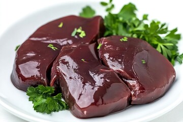 Fresh raw chicken liver on a plate. Isolated on white , ai