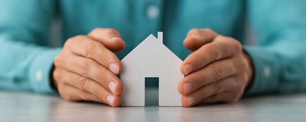 Hands holding a small house model, white isolate background.