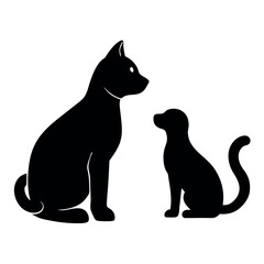 a black silhouette of a dog and a cat sitting side by side. The dog is sitting on its hind legs with its front paws resting on the ground and its tail curled around its body
