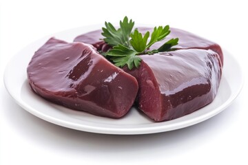 Fresh raw chicken liver on a plate. Isolated on white , ai