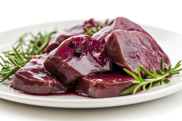 Fresh raw chicken liver on a plate. Isolated on white , ai