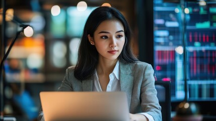 Fototapeta premium Asian woman data analyst working with complex data sets on her laptop in a high-tech office environment showcasing analytical skills and insights