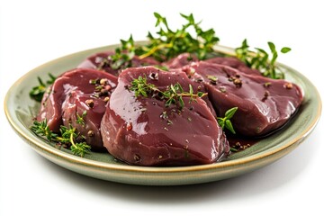 Fresh raw chicken liver on a plate. Isolated on white , ai