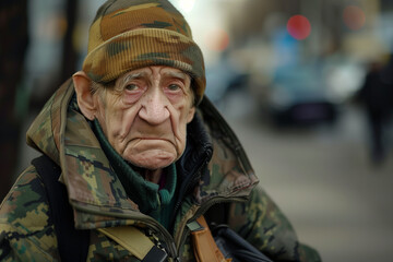 Obraz premium War Veteran on the Street depicting the reality of homeless US veterans facing poverty and hardship after military service