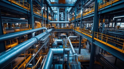 Industrial interior with steel pipes and yellow railings.