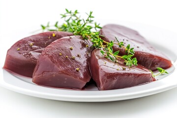 Fresh raw chicken liver on a plate. Isolated on white , ai