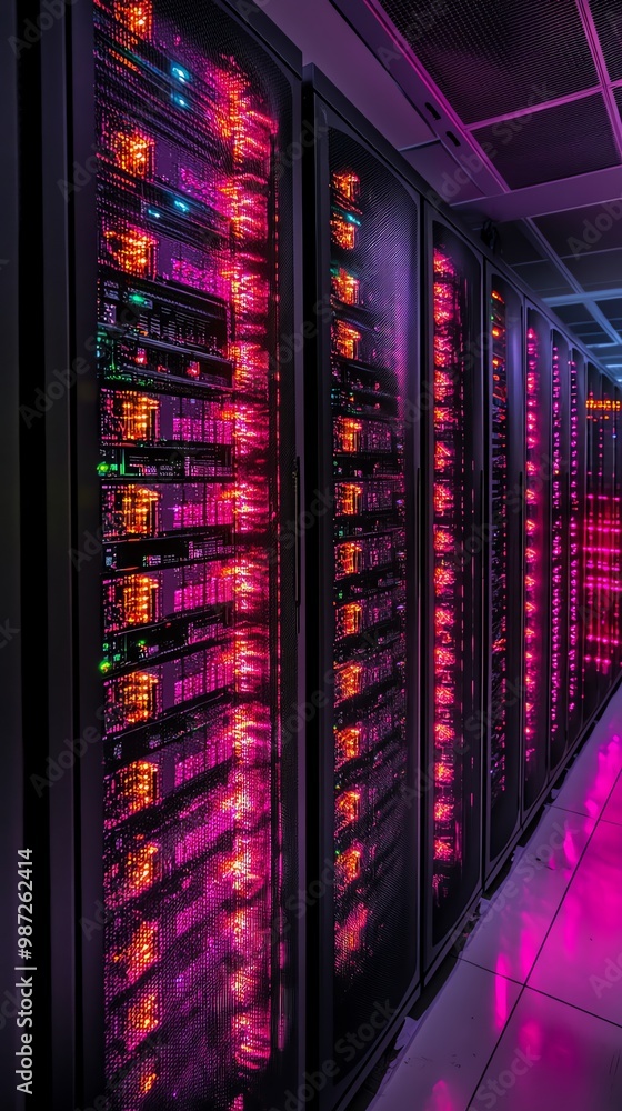 Poster rows of glowing server racks in a dark data center with pink and orange light.