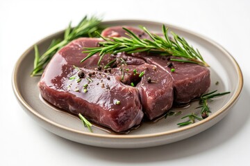 Fresh raw chicken liver on a plate. Isolated on white , ai
