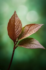  A tight shot of a solitary leaf on its stem, adorned with water droplets, against a softly blurred backdrop