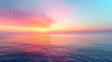 A serene sunset over calm waters, blending vibrant colors in the sky and reflection on the sea.