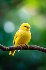  A yellow bird perches on a tree branch against a backdrop of green foliage, the background softly blurred