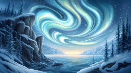 Captivating Northern Lights Illuminating Serene Polar Landscape with Rugged Cliffs and Snow Dusted Pines