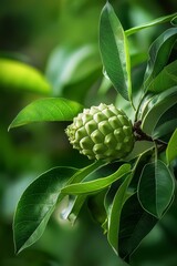  A tight shot of a tree with leafy canopy, foreground featuring a budding plant, background filled with verdant leaves