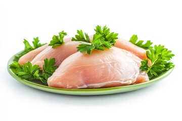 Raw skinless and boneless chicken breast meat with parsley garnish isolated on white , ai