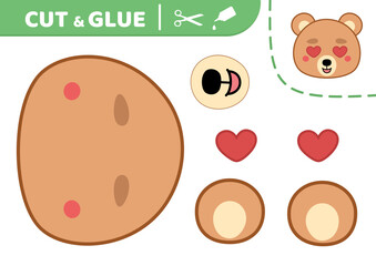 Cut and glue. Bear in love. Applique. Paper game. Vector.