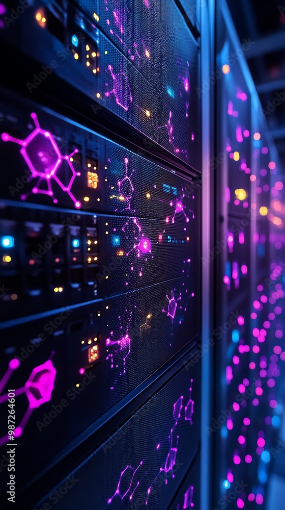 Poster server rack with colorful lights and network connections.