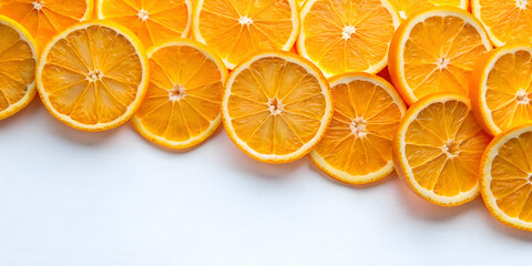 Fototapeta premium Orange slices arranged on a white background, orange, citrus, fruit, fresh, vibrant, colorful, healthy, refreshment, juicy