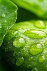  A close-up of a green leaf dotted with water drops..Or:..An up-close view of a wet green leaf