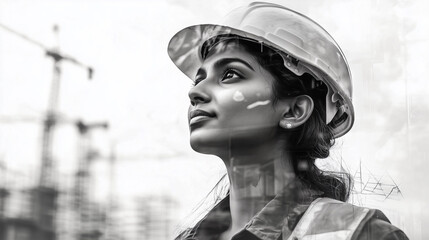 Indian woman female construction engineer architect worker safety hardhat vest industry professional diversity double exposure leadership progress site corporate scaffolding highrise builder workforce