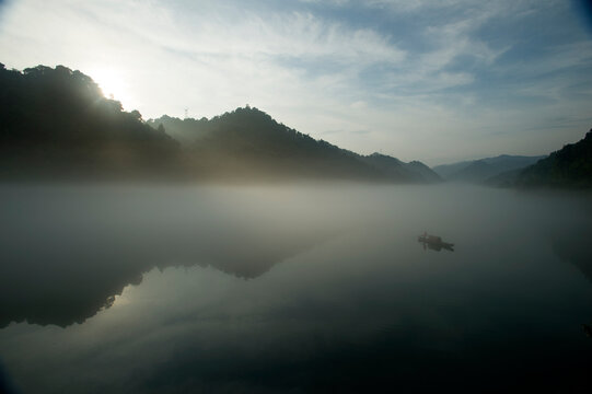 Fog scenery of Xiaodongjiang River in Chenzhou City, Hunan Province, China