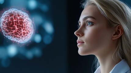 Woman Engaging with Digital Brain Visualization