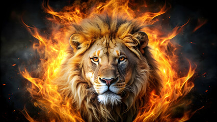 Fototapeta premium Close-up of a lion engulfed in flames on a dark background, lion, fire, close-up,wild, animal, burning, danger, dark, background