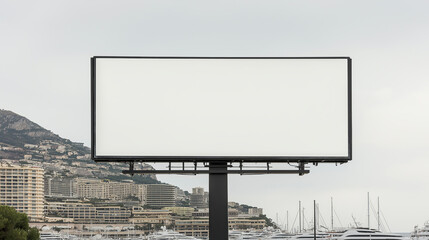 Blank White Billboard Overlooking Luxury Marina with Yachts and Waterfront Buildings
