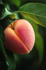  A peach tightly clings to a tree branch, surrounded by a vibrant green leaf on the opposite side