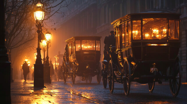 two carriages are in the street at night - Powered by Adobe