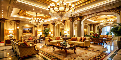 Luxurious hotel interior featuring ornate decor, elegant furnishings, and warm lighting, luxury, hotel, interior