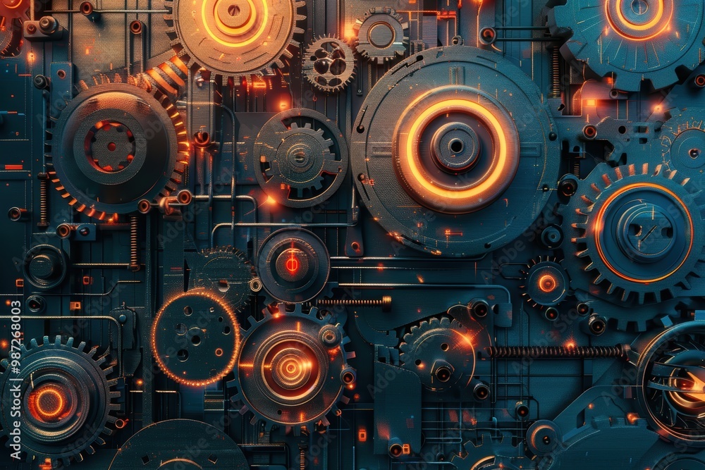 Poster neon-illuminated abstract mechanical background with gears and sprockets for tech designs