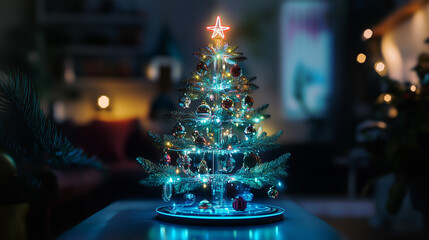 Elektroniczne drzewko bożonarodzeniowe, pełne świecących obwod&oacute;w i małych ekran&oacute;w, tworzące nową interpretację tradycyjnej choinki przy użyciu zaawansowanej technologii.