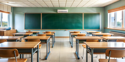Classroom with chalkboard in a school setting, education, back to school, university, college, students, classroom