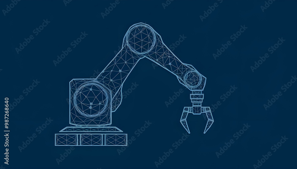 Poster robotic arm in dark blue background. automation concept. polygonal wireframe with lines and dots. ab