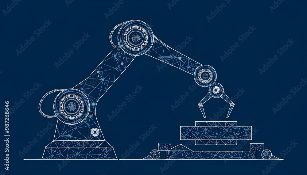 Poster robotic arm in dark blue background. automation concept. polygonal wireframe with lines and dots. ab
