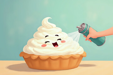 Cheerful whipped cream character laughing while being sprayed on orange pie against teal background