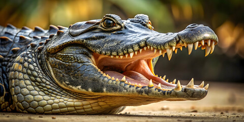 Obraz premium Fierce alligator with jaws wide open ready to attack, alligator, reptile, predator, dangerous, wildlife, teeth, aggressive