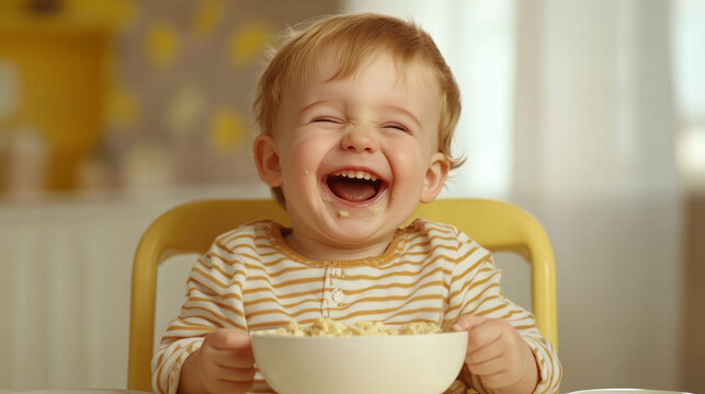  Mały uśmiechnięty maluch z zapałem zajada się owsianką, jego radosna mina sprawia, że posiłek staje się prawdziwą przyjemnością.