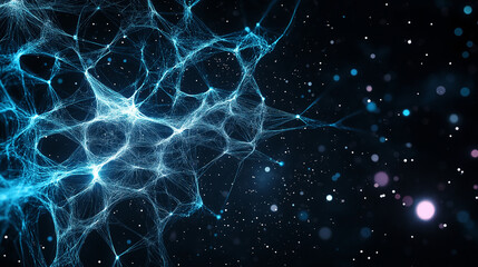 Naklejka premium web of blue threads as a metaphor with fascia accurate full-size human anatomy in zoom gentle ballet-style movement on black background with purple and green or light turquoise volumetric lighting.