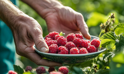 A handful of fresh raspberries in the hands