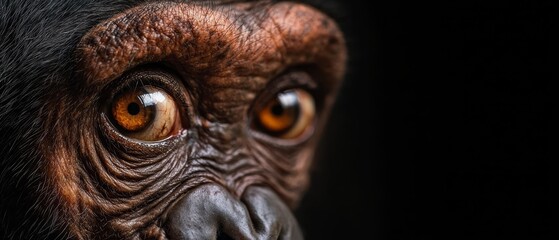  A tight shot of a monkey's intense face against a black backdrop