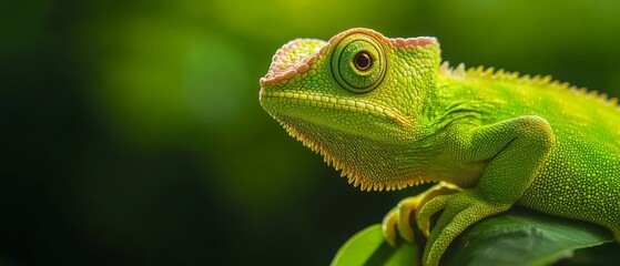 Obraz premium A tight shot of a green chameleon perched on a verdant leafy branch against a softly blurred backdrop