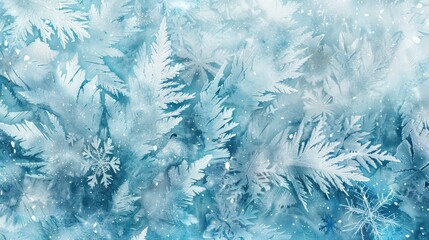 Abstract Winter Ice Patterns with Frosted, Translucent Snowflakes in Pale Blue and White