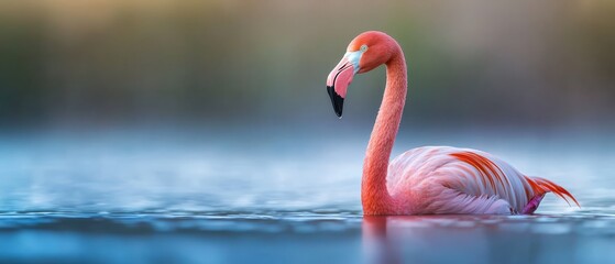 Fototapeta premium A flamingo wades in water, head raised above the surface, against a softly blurred backdrop