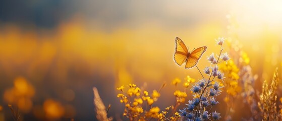  A close-up of a butterfly flying above a blooming flower field Sun rays penetrate the clouds in the backdrop