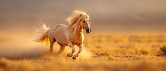  A horse gallops through a field of dry grass Sunlight glints on its sweating back Wind rustles, causing its mane to billow