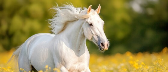  A white horse, its long mane flowing, gallops through a vibrant yellow flower field Beyond, a lush green forest lies in the distance