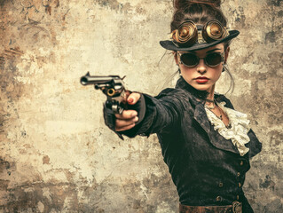Fototapeta premium A woman in a black outfit with a gun in her hand