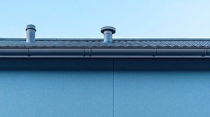 Close-up of a blue house with a metal roof and gutters.